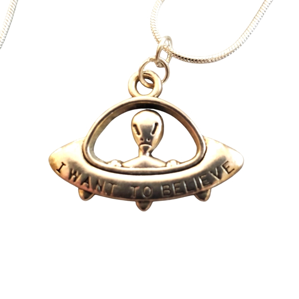 Whimsical silvertone UFO Alien Pendant Necklace With Sterling Chain